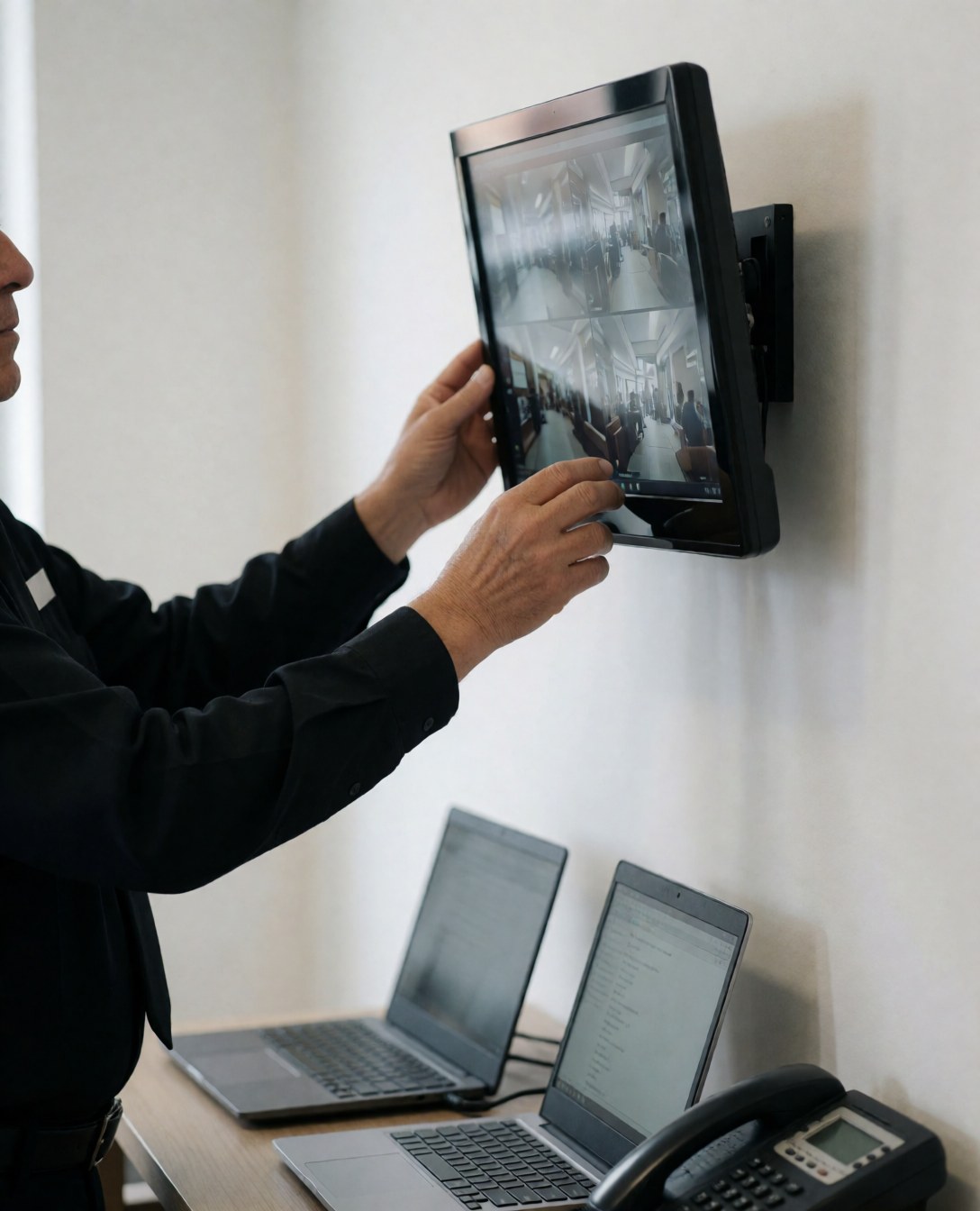 A security professional adjusts a wall-mounted surveillance monitor in an apartment hotel office, with laptops and a phone on the desk.