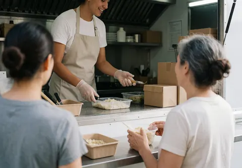 Food truck staff serving meals to customers at a clean counter with cardboard boxes