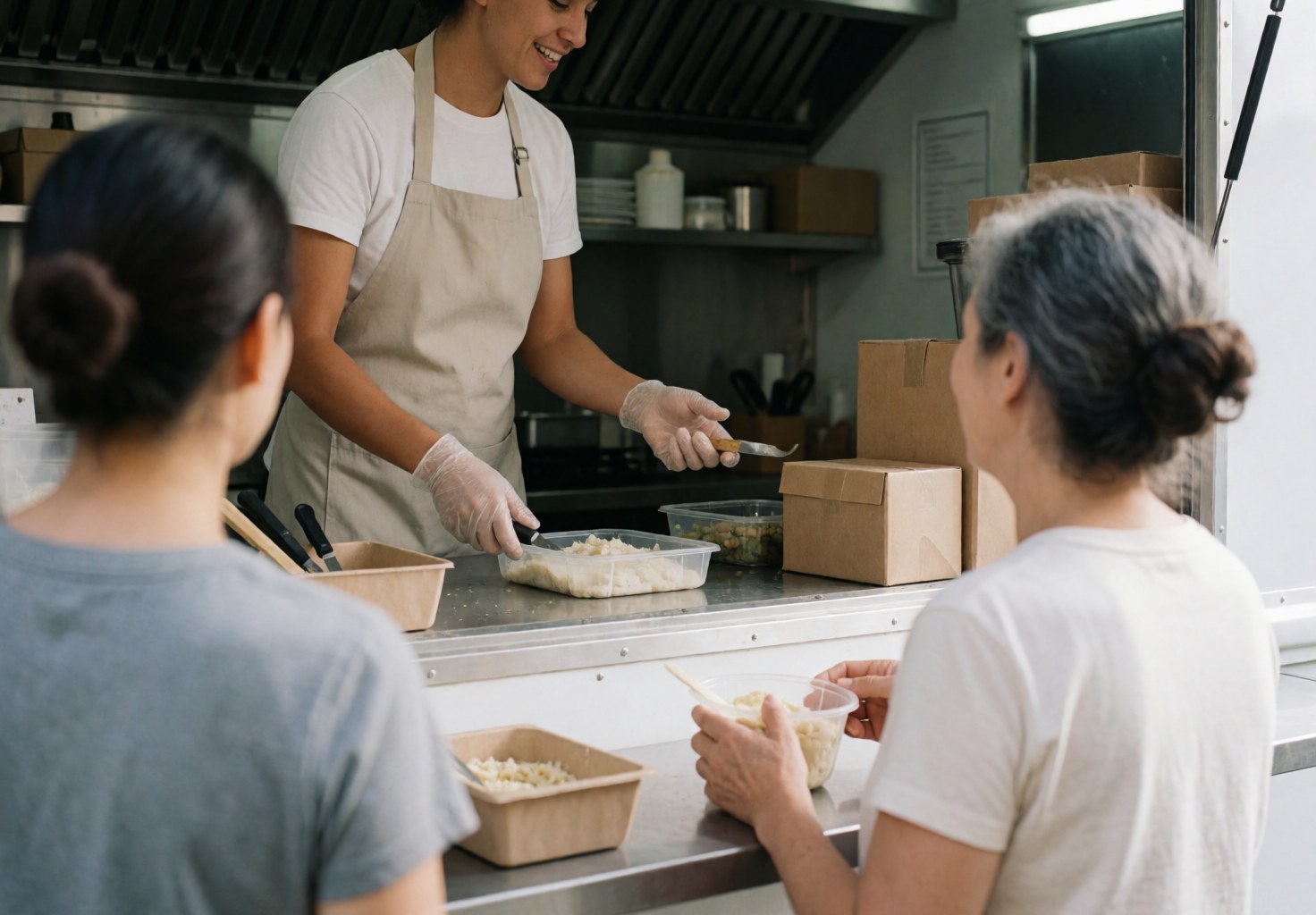 Food truck staff serving meals to customers at a clean counter with cardboard boxes