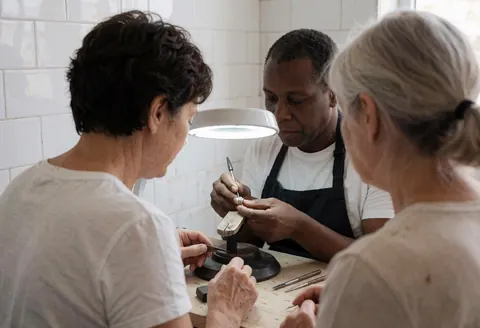 A jeweler works on a ring under bright light while two customers observe in a workshop with white tiled walls