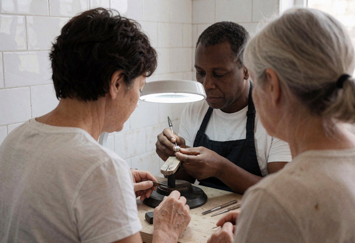 A jeweler works on a ring under bright light while two customers observe in a workshop with white tiled walls