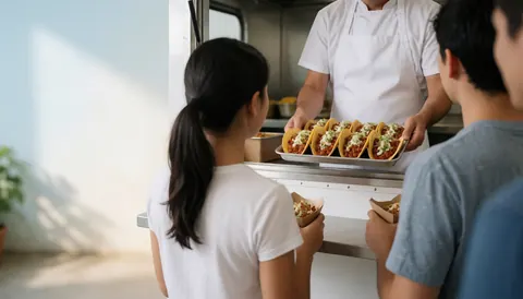 A chef preparing and serving al pastor tacos to customers inside a food truck with natural light and a bright background.