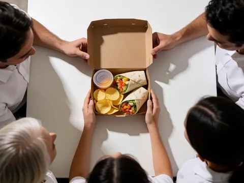 Hands holding a takeout box containing a wrap, french fries, and a drink on a white table
