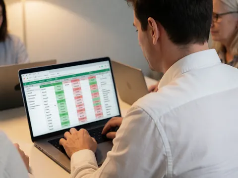 Man in white shirt typing on laptop with green and red spreadsheet cells in warm lit office for accounting services