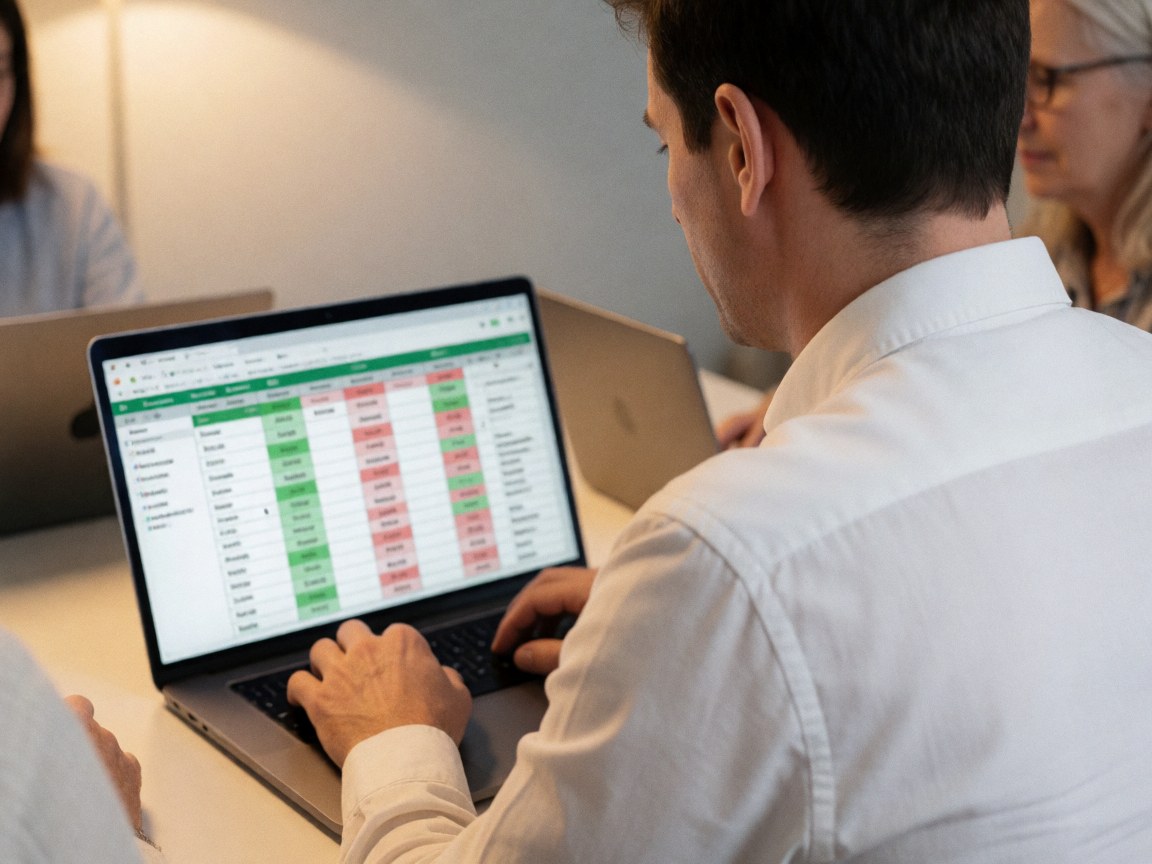 Man in white shirt typing on laptop with green and red spreadsheet cells in warm lit office for accounting services