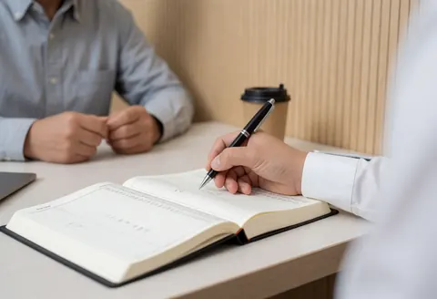 Close-up of a hand writing figures in an accounting ledger on a desk with a light slat wall background in a professional office setting