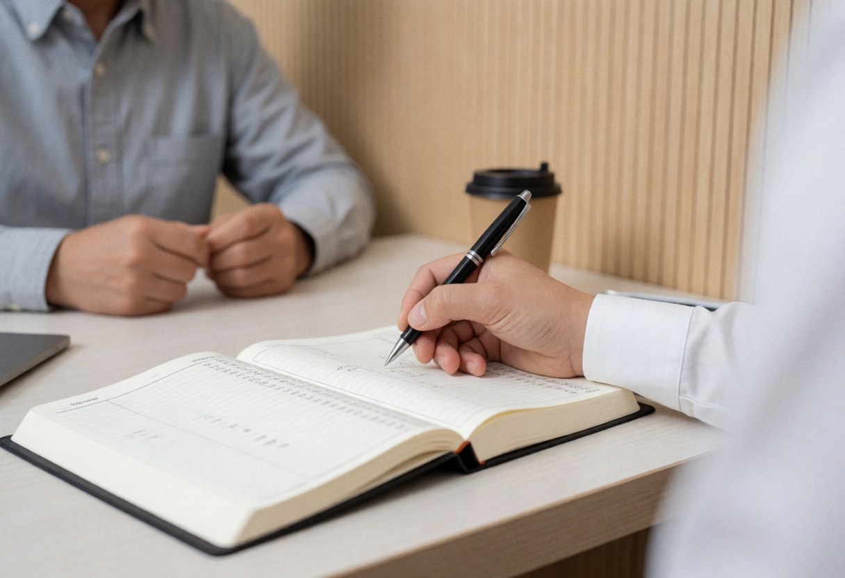Close-up of a hand writing figures in an accounting ledger on a desk with a light slat wall background in a professional office setting