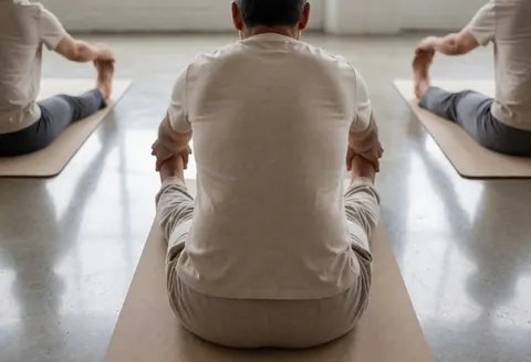 three adults performing seated stretches on yoga mats in a gym with polished concrete floors and natural light