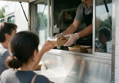 A gloved hand hands a food box to a customer from a food truck, showing fast and clean service.