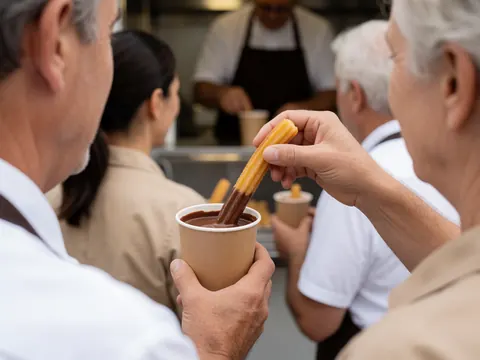 A hand dipping a churro into hot chocolate at a food truck, creating an appetizing scene.