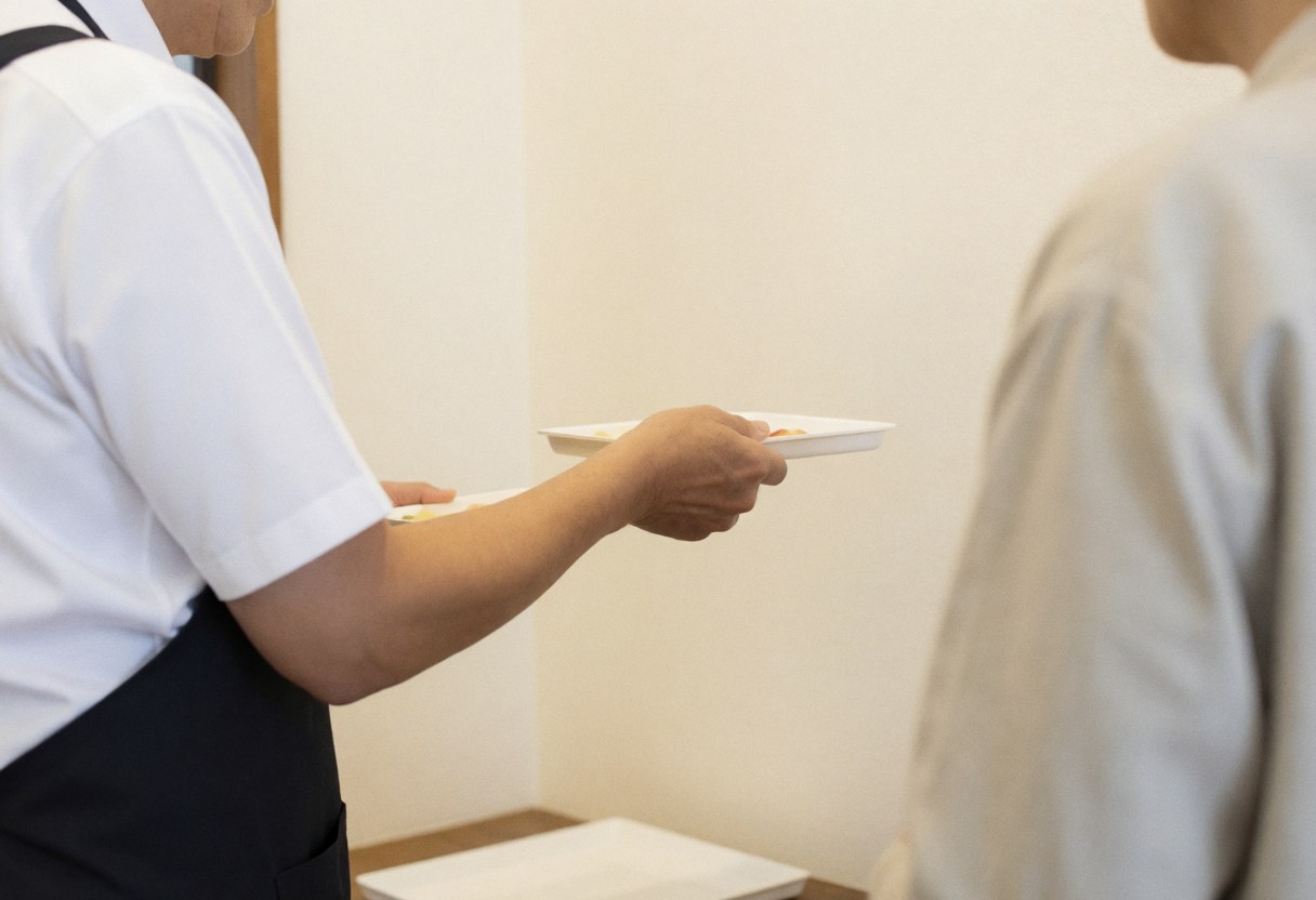 Worker wearing apron serving food to customer in shop with white walls