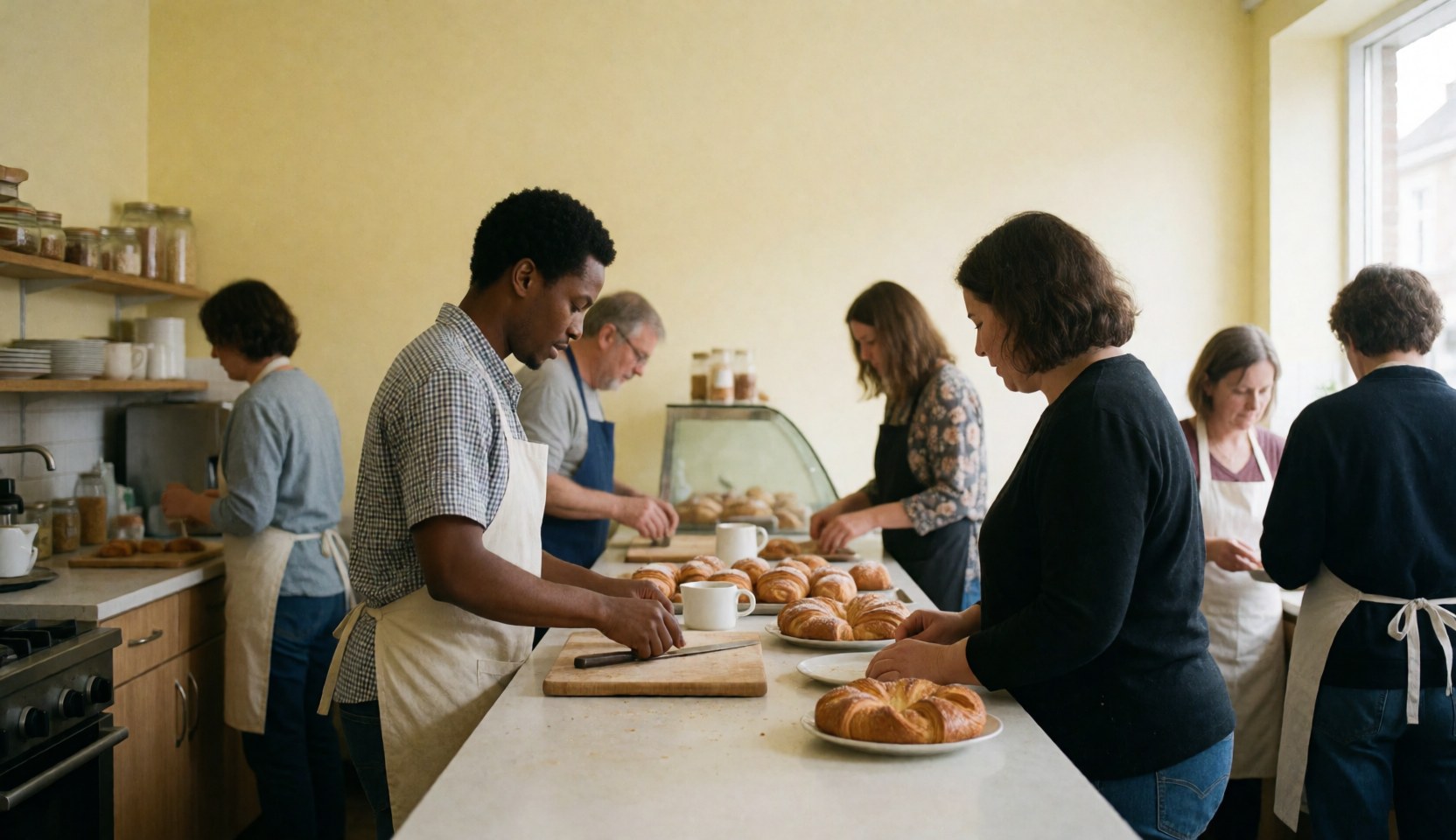 A baker slicing fresh croissants on a wooden counter in a bakery with yellow walls and staff working nearby