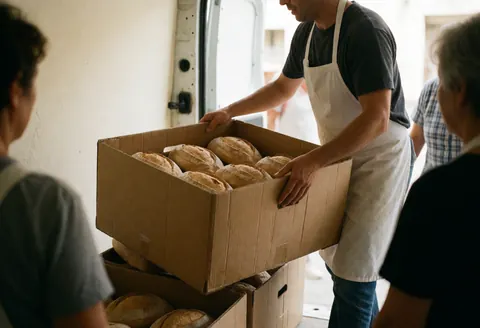 A bakery worker carries a box of bolillos in a van with white walls and natural light.