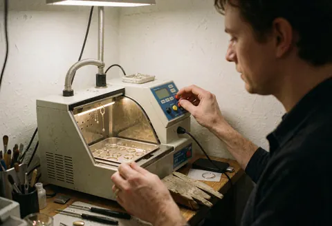 Jeweler adjusting controls of an ultrasonic cleaning machine with gold rings in the tray inside a workshop with white walls and tools