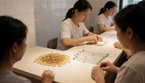Three women working with gold rings and silver necklaces on a workbench in a jewelry repair shop