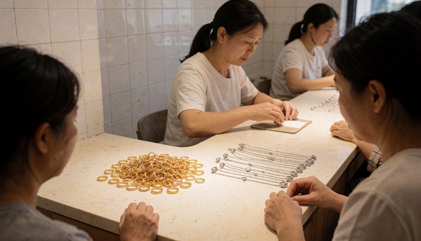 Three women working with gold rings and silver necklaces on a workbench in a jewelry repair shop