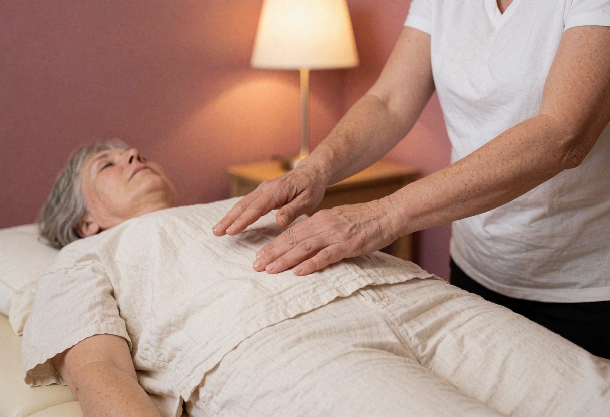 Reiki practitioner's hands resting on a client's abdomen during a healing session in a calm room with pink walls and warm lighting