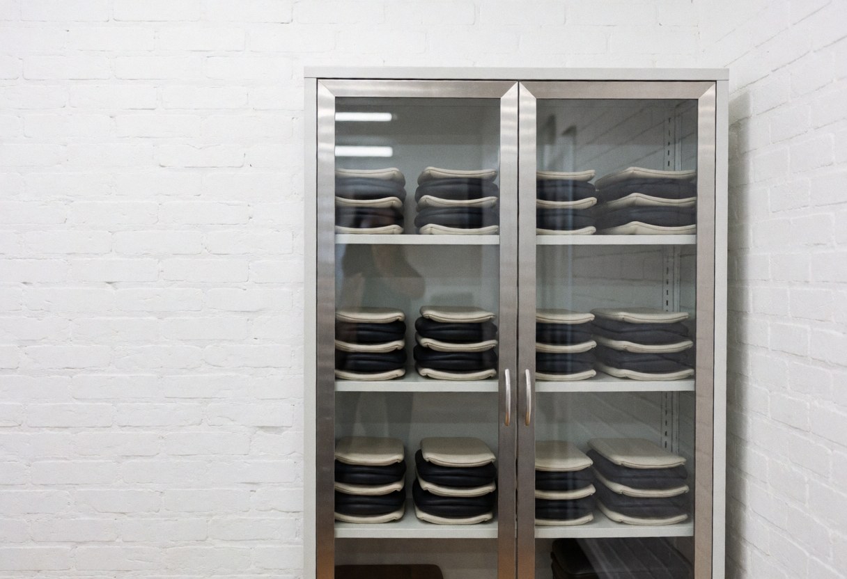 Metal cabinet holding thermal therapy items in a physiotherapy studio with white brick walls and bright clinical lighting
