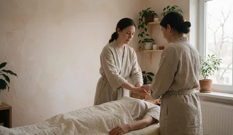 Two women in linen attire watch a therapist perform a massage on a client lying on a table with white blankets in a beige room with green plants.