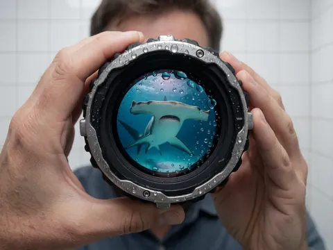 Underwater camera lens displaying a hammerhead shark in the ocean with water droplets and white tiled walls