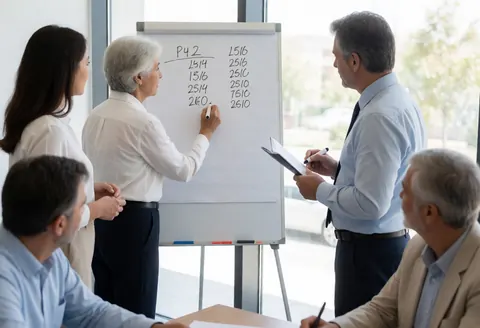 Accountant writing financial figures on a whiteboard in a modern office with natural light