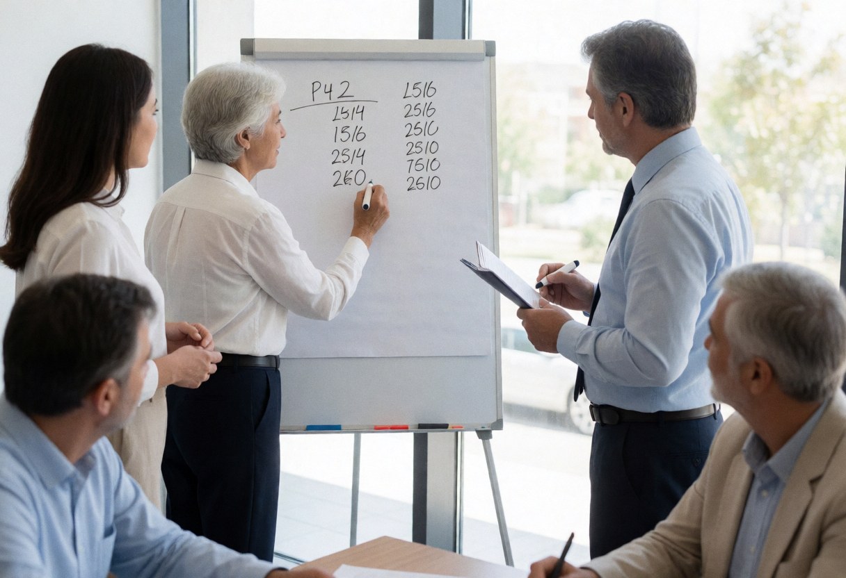 Accountant writing financial figures on a whiteboard in a modern office with natural light
