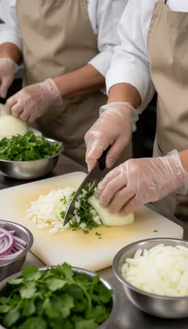 Close-up of gloved hands slicing fresh onion and cilantro on a cutting board in a food truck kitchen