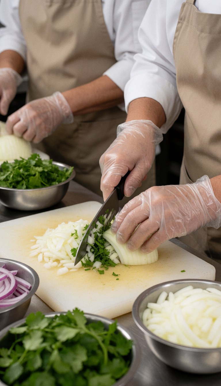 Close-up of gloved hands slicing fresh onion and cilantro on a cutting board in a food truck kitchen