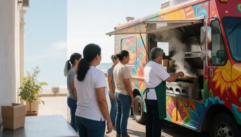 A cook prepares Mexican dishes on a grill at a colorful food truck by the sea with customers waiting in line