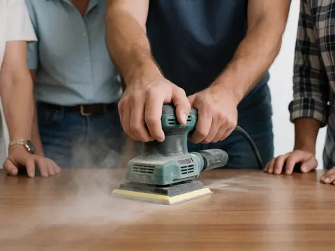A hand operates an electric sander to polish a wooden table while other hands observe the work in progress.