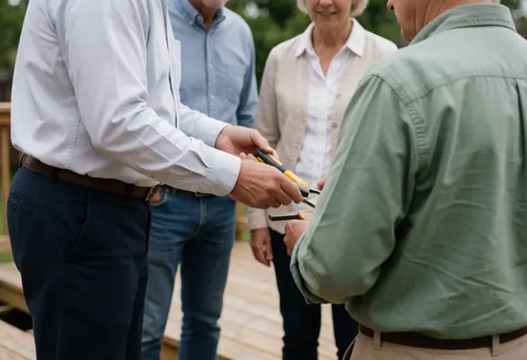 Professional carpenter displays hand tools to a customer during an exterior woodworking service project.