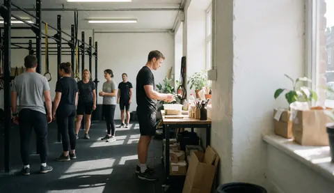 A man prepares food at a table near windows while others in athletic wear watch in a gym with rubber flooring and training structures.