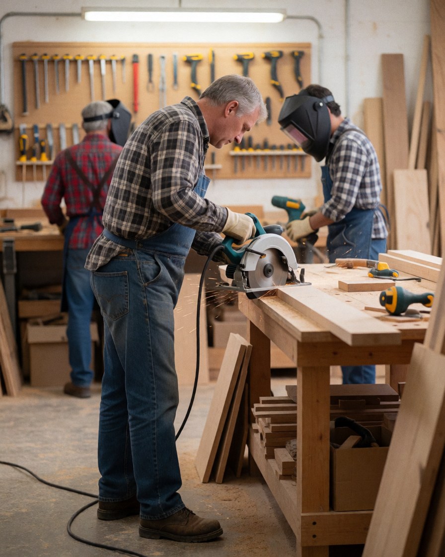 Adult carpenter cutting wood with a circular saw in a workshop with tools and other workers in the background