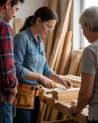 A female carpenter wearing safety glasses and a tool belt works with wood planks in a workshop while two people observe.