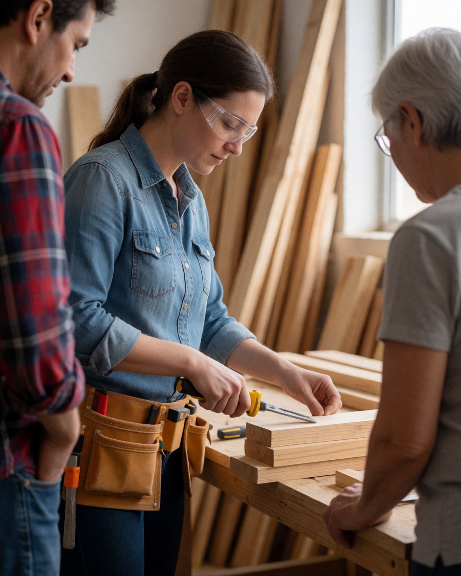 A female carpenter wearing safety glasses and a tool belt works with wood planks in a workshop while two people observe.