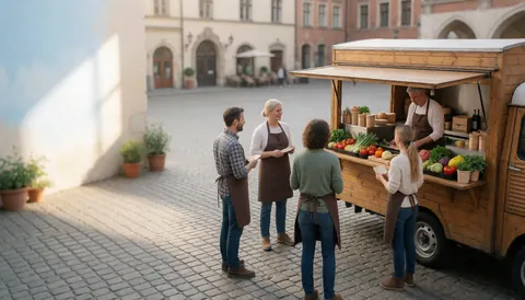 Customers wearing aprons purchase fresh vegetables from a food truck parked on a cobblestone plaza in the morning light