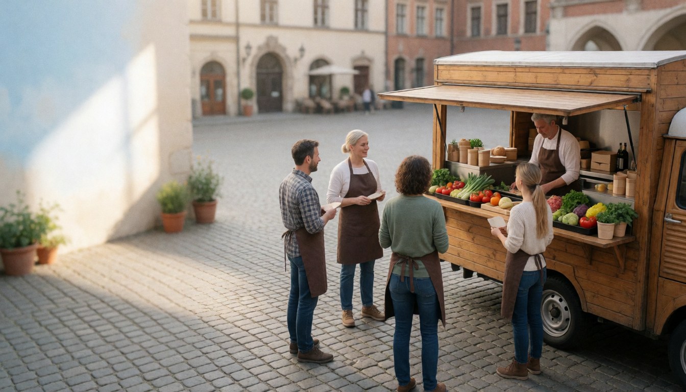 Customers wearing aprons purchase fresh vegetables from a food truck parked on a cobblestone plaza in the morning light
