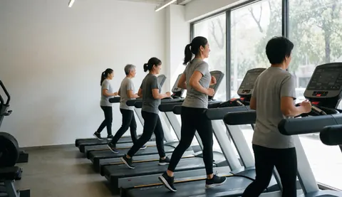 Women running on treadmills in a modern gym with large windows and natural light, showcasing fitness training services.