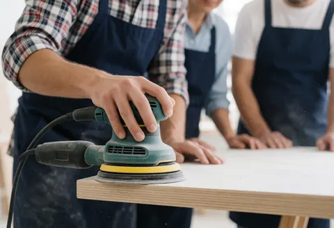 Carpenter wearing an apron sanding a wooden board with an orbital sander in a workshop with dust floating and other workers in the background