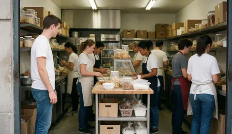 Workers preparing cakes on a table with visible ingredients and kitchen equipment in a bakery setting