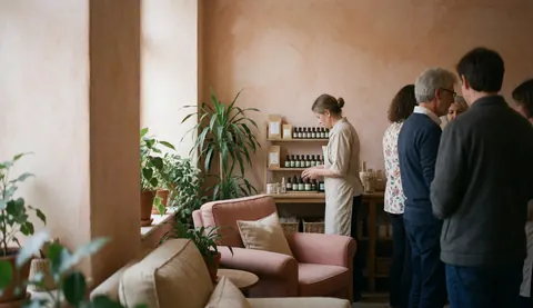 Customers look at bottles of essential oils while a therapist organizes products in a relaxing spa setting with plants and comfortable chairs.