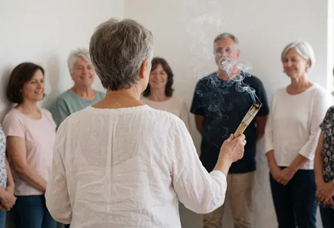 A woman in white clothing holds a burning sage smudge stick while a group of people watches in a room with white walls.