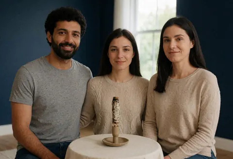 Three smiling people in a room with blue walls, a table with an incense stick, and a window with natural light.