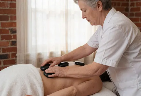 Therapist in white uniform placing black hot stones on a client's back under a white towel with red brick wall and soft natural light