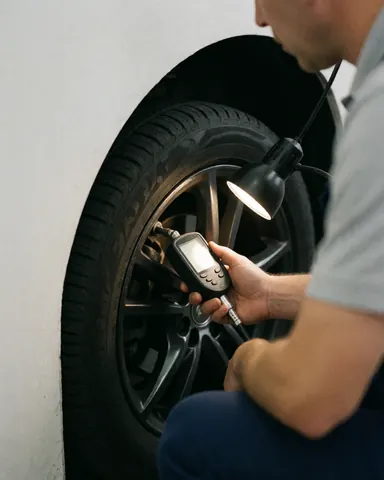 Mechanic uses a digital gauge to check tire pressure under a work light in a white-walled garage.
