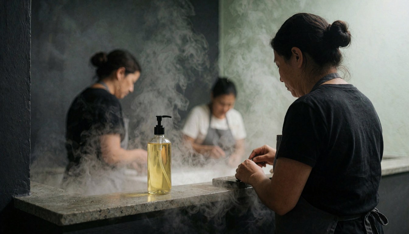 A close-up view of a massage oil container with steam rising around it, highlighting the relaxing spa atmosphere and therapeutic product.