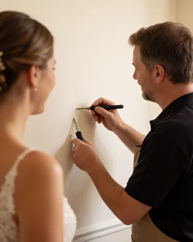 Professional worker decorating a wall with tools while a woman in a wedding dress observes in a warm, well-lit event space.
