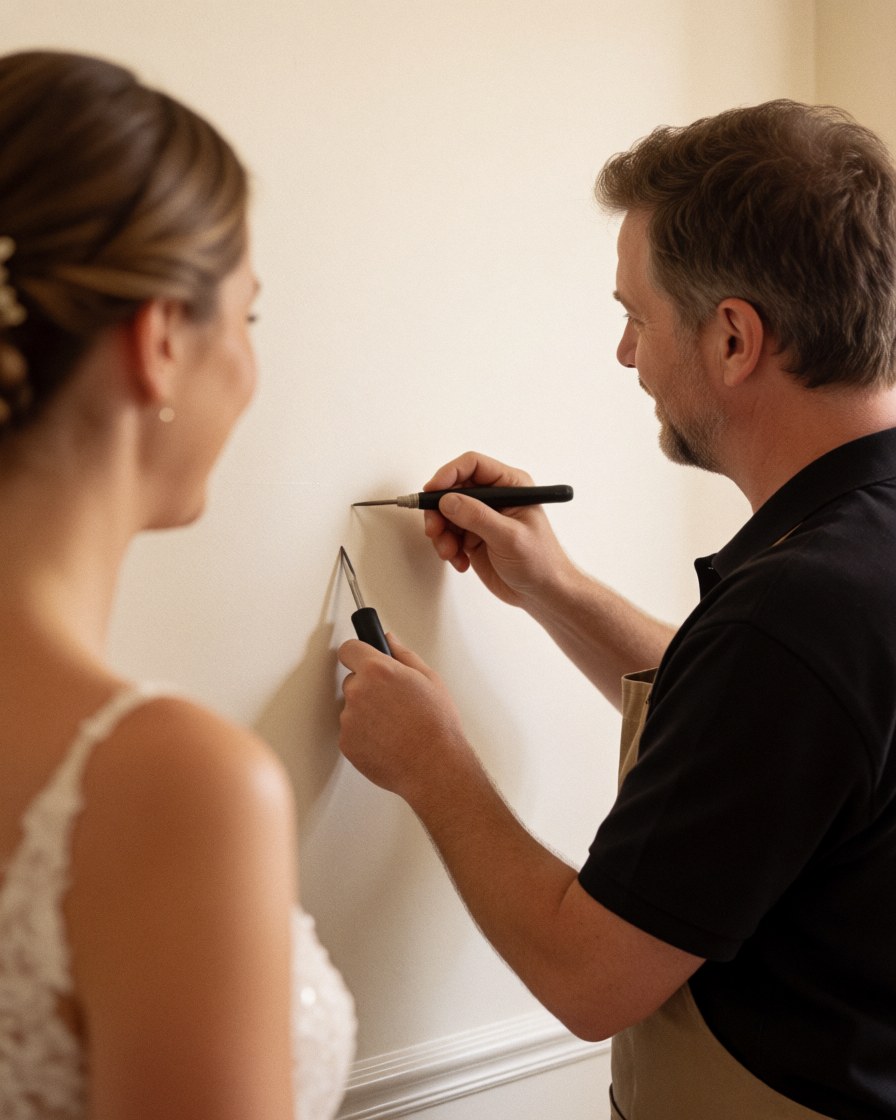 Professional worker decorating a wall with tools while a woman in a wedding dress observes in a warm, well-lit event space.