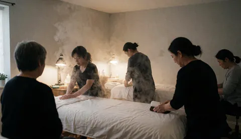 Five massage therapists conducting hot stone therapy on a steaming bed in a room with gray walls and table lamps
