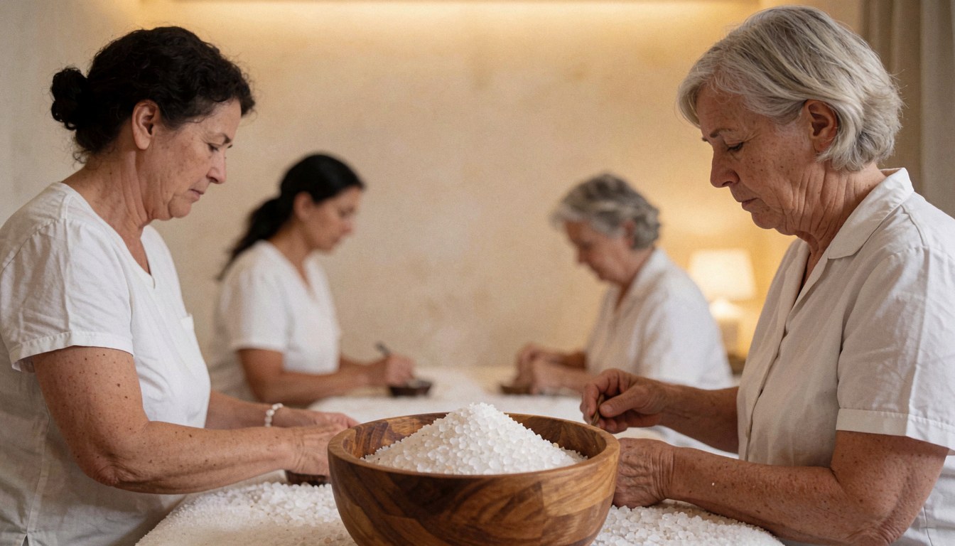 Three women in a spa salon prepare sea salt on a wooden table with warm lighting and a tranquil atmosphere